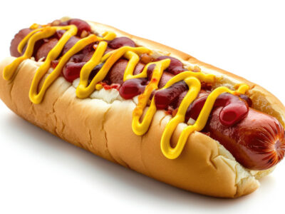 Classic hot dog with ketchup and mustard sauce isolated on white background